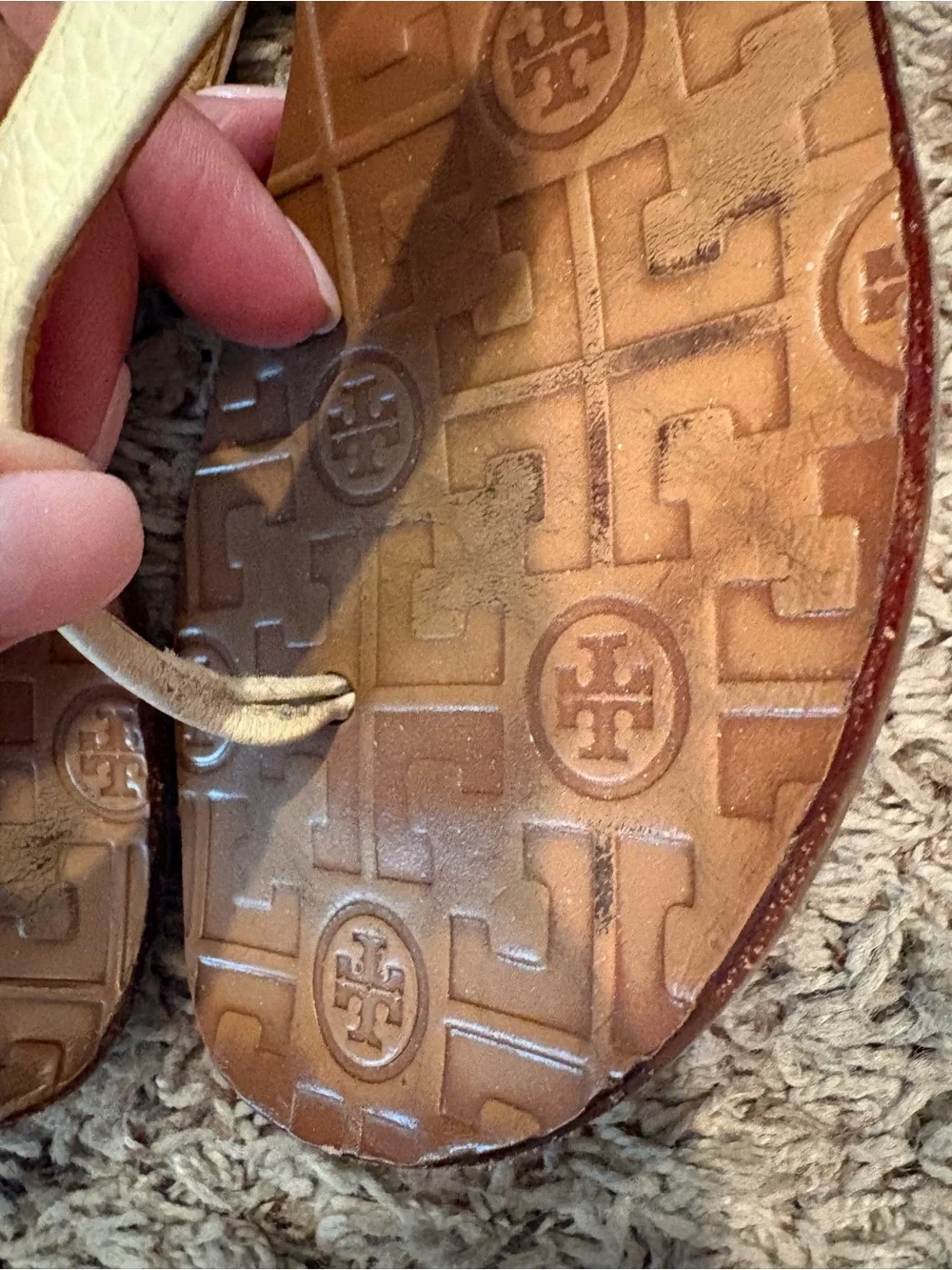 Tory Burch Thora Cream Leather Logo Thong Sandals with Gold Emblem